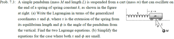 Prob. 7.3: A simple pendulum (mass M and length L) is suspended from a cart (mass m) that canoscillate on the end of a spring of spring constant k, as shown in the figure at right. (a) Write the Lagrangian in terms of the generalized coordinates x and ?, where x is the extension of the spring from its equilibrium length and ? is the angle of the pendulum from the vertical. Find the two Lagrange equations. (b) Simplify the equations for the case where both x and ? are small. iTt