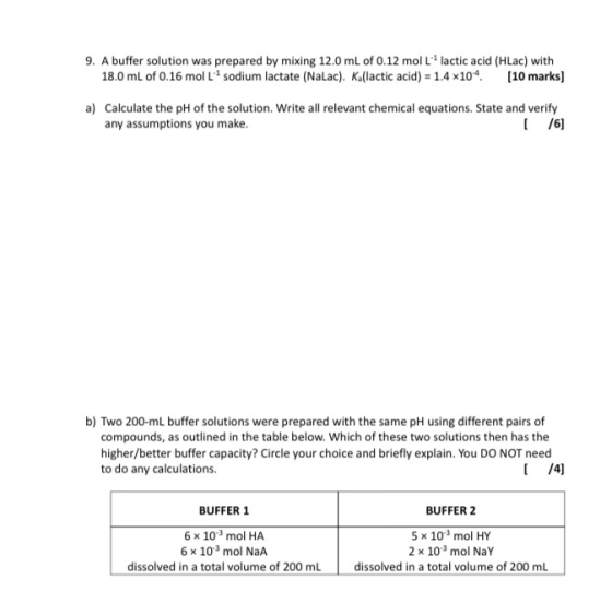 9. A buffer solution was prepared by mixing 12.0 mL of 0.12 mol L lactic acid (HLac) with 18.0 mL of 0.16 mol L sodium lactat