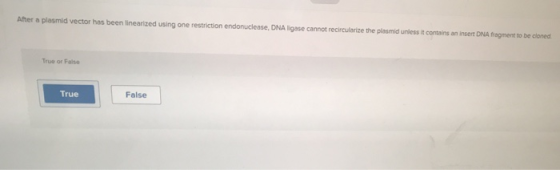 After a plasmid vector has been linearized using one restriction endonuclease, DNA Ligase cannot recircularize the plasmid un