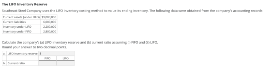 The LIFO Inventory Reserve Southeast Steel Company uses the LIFO inventory costing method to value its ending inventory. The