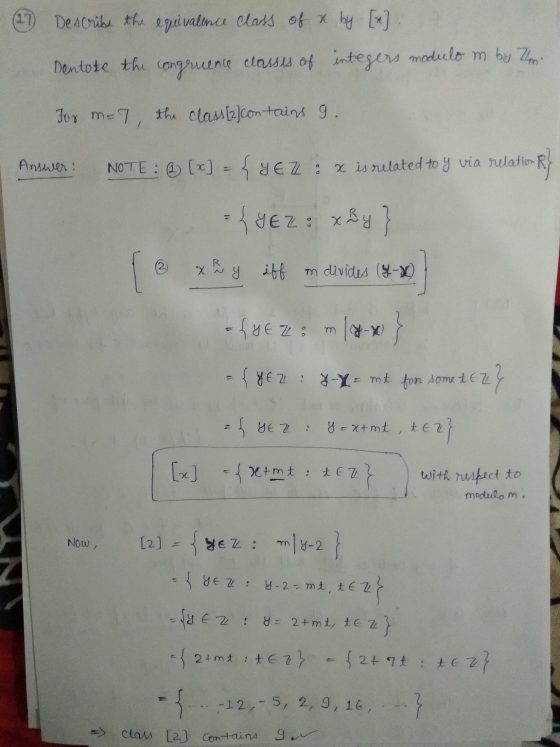 11 Describe the equivalence class of x by [n]. Dentote the congruence classes of integers modulo m by Zn. For m=7, the class