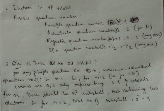 t. Electron in AP orbited. Possible quantum number: Principle quantum number ) (b): 4 Azimme that quantum number(s) 2 (for P)