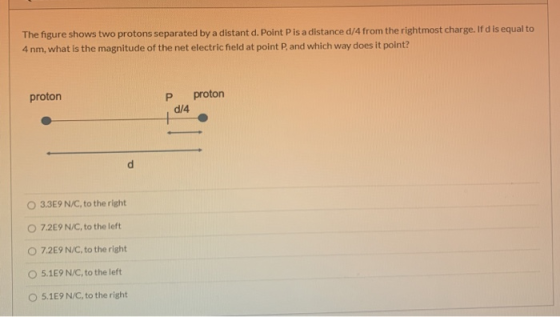 The figure shows two protons separated by a distant d. Point P is a distance d/4 from the rightmost charge. If d is equal to