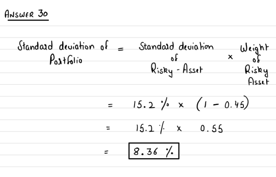 ANSWER 30 Standaid deviation of Partfolio Standald deviahon Wight of Risky -Asset Ricay Asst (1 - 0.45) 15.2 X 15.2 x 0.55 8.