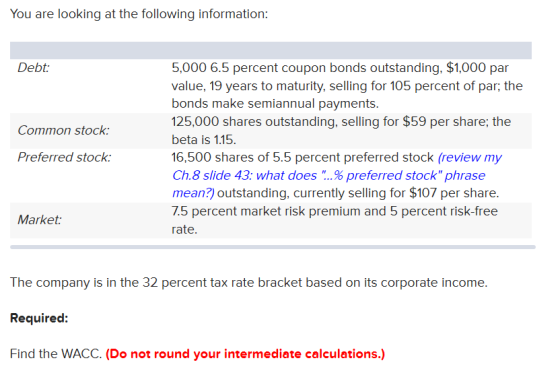 You are looking at the following information: Debt: Common stock: 5,000 6.5 percent coupon bonds outstanding, $1,000 par valu