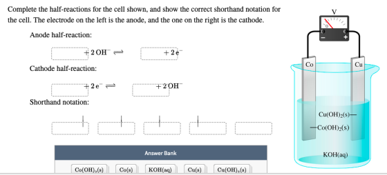 Complete the half-reactions for the cell shown, and show the correct shorthand notation for the cell. The electrode on the le