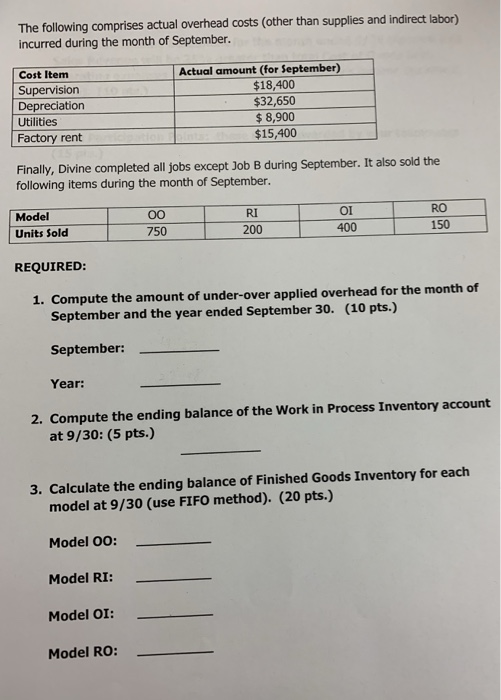 The following comprises actual overhead costs (other than supplies and indirect labor) incurred during the month of September. Cost Item Supervision Depreciation Utilities Factory rent Actual amount (for September) $18,400 $32,650 $ 8,900 $15,400 Finally, Divine completed all jobs except Job B during September. It also sold the following items during the month of September. Model Units Sold RI 200 OI 400 RO 150 750 REQUIRED: 1. Compute the amount of under-over applied overhead for the month of September and the year ended September 30. September: Year: (10 pts.) 2. Compute the ending balance of the Work in Process Inventory account at 9/30: (5 pts.) 3. Calculate the ending balance of Finished Goods Inventory for each model at 9/30 (use FIFO method). (20 pts.) Model 0O: Model RI: Model OI: Model RO: