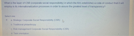 What is the layer of CSR (corporate social responsibility) in which the firm establishes a code of conduct that it will emplo