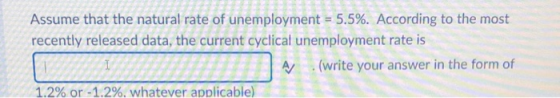 Assume that the natural rate of unemployment = 5.5%. According to the most recently released data, the current cyclical unemp