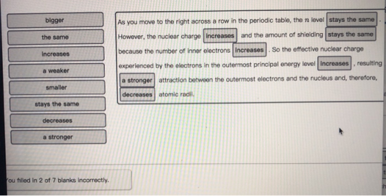 bigger the same Increases As you move to the right across a row in the periodic table, the n level stays the same However, th