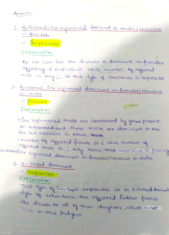 Answer 1. Autosomal, sex in fluenced, dominant in males / recessive in females. Impossible Explanation As we can see the dise