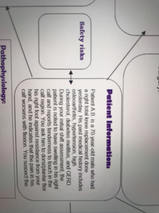 Patient Informations Safety risks Patient AB is a 70-year-old male who had a night total knee replacement done yesterday His