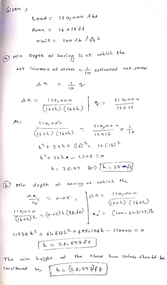 Given a Load = 110,000 lbs Area = arsoil = 16 x 16 ft 100 lb Ift3 Depth of boring is at which the ② min met increase of stres