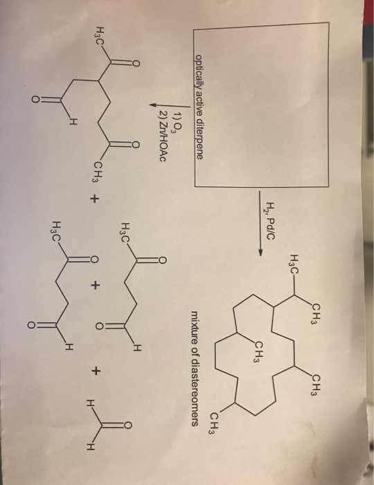 снз снэ Н3С- Н., Pdic сHз optically active diterpene mixture of diastereomers 1) 0 2) Zn/HOÁC |222hНОАс H3C H3C сH3 + о + о +