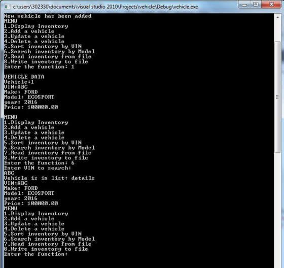 돋 causers1302330documents\visual studio 2010\Projectswehicle\Debug\vehicle.exe New vehicle has been added MENU 1-Display Inve