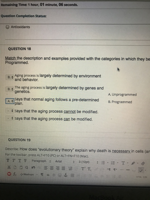 Remaining Time: 1 hour, 01 minute, 06 seconds. Question Completion Status: Antioxidants QUESTION 18 Match the description and