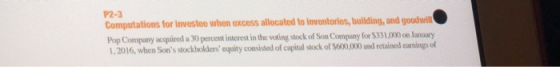 P2-3 Computations for investee when excess allocated to inventories, building, and goodvitl Pop Company acquired a 30 percent interest in the voting slock of Son Company for $331,000 on Jnuary 1,2016, when Sons stockholders equity consisted of capital stock of $600,000 and retained eunings of