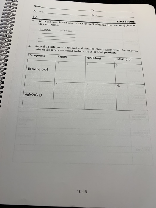 Name TA Partner Date 10 Data Sheets A Write the formula and color of each of the solutions the reactants) given in the chart