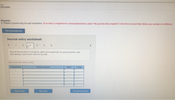 100 points Required 1. Prepare a journal entry for each transaction. (If no entry is required for a transactionevent, select No journal entry required in the first account field. Enter your answers in millions.) View transaction list Journal entry worksheet Record the purchase of property, plant and equipment by paying $9,603 cash and signing a short-term note for $1,440 Note: Enter debits before credns Record entry Clear entry View general journal