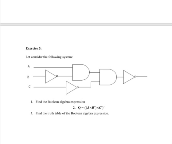 Exercise 5: Let consider the following system: . Find the Boolean algebra expression 3. Find the truth table of the Boolean algebra expression.