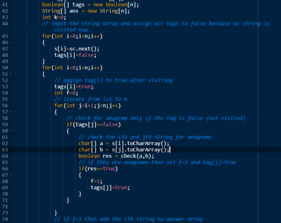 41 42 43 44 boolean[] tags = new boolean[n]; String[] ans = new String[n]; int k=0; // input the string array and assign all