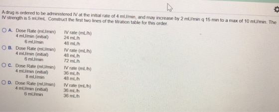 min q 15 min to a max of 10 mumin The A drug is ordered to be administered Ⅳ at the initial rate of 4 mUmin, and may increase