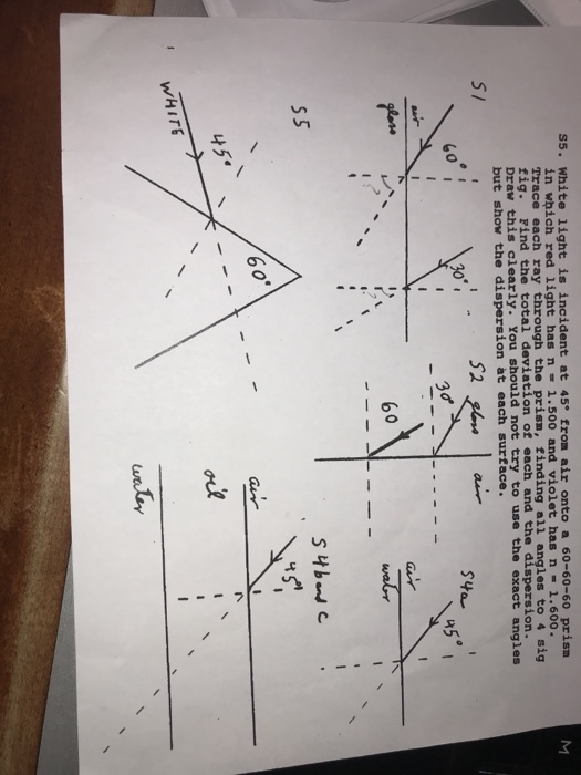 s5. White light is incident at 45 from air onto a 60-60-60 prisn in wbich red light has n 1.500 and violet has n-1.600. Trace each ray through the prisn, finding all angles to 4 sig fig. Find the total deviation of each and the Draw this clearly. You should not try to use the exact angles but show the dispersion at each surface. rsion. SI 52 60 30 3d a5 60 60 45