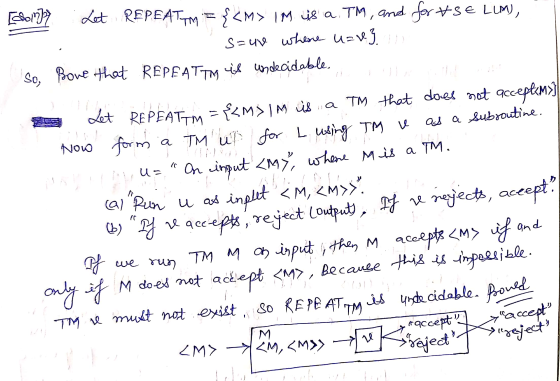 [Son] Let REPEAT = {<M> IM us a. TM, and for s€ LIM), s=uv where uav} in Bove that REPEATTM is undecidable. So U= Dime cmi>?