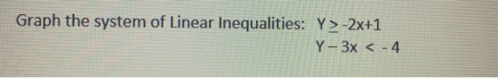 Graph the system of Linear Inequalities: Y>-2x+1 Y-3x < -4
