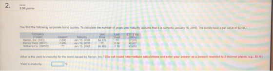 2.36 points You find the following corporate bond Quotes To calculate the number years unti maturity, assume that it is curre