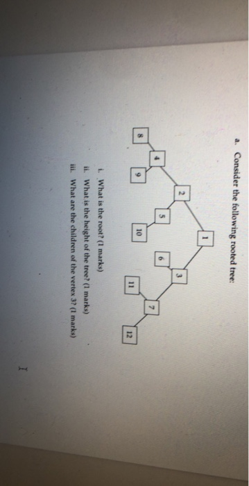 a. Consider the following rooted tree: 7 10 11 12 i. What is the root? (1 marks) ii. What is the height of the tree? (1 marks