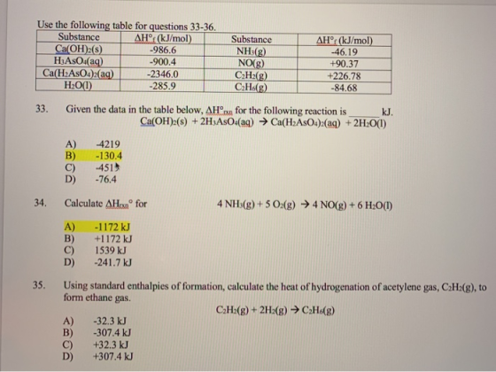 Use the following table for questions 33-36. Substance Ca(OH)2(s) H&ASO4(aq) Ca(H2ASO4)2(aq) H2O(1) AHt (kJ/mol) Substance AH