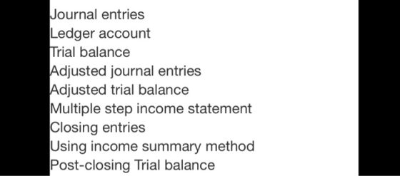 Journal entries Ledger account Trial balance Adjusted journal entries Adjusted trial balance Multiple step income statement C