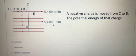 у C(-3.00, 4.00) -B(4.00, 4.00) E A negative charge is moved from C to B. The potential energy of that charge: A(4.00, 1.00)