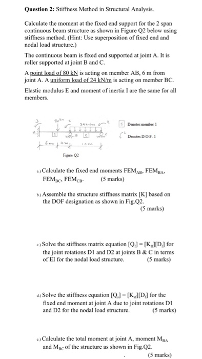 Question 2: Stiffness Method in Structural Analysis. Calculate the moment at the fixed end support for the 2 span continuous beam structure as shown in Figure Q2 below using stiffness method. (Hint: Use superposition of fixed end and nodal load structure.) The continuous beam is fixed end supported at joint A. It is roller supported at joint B and C A point load of 80 kN is acting on member AB, 6 m from joint A. A uniform load of 24 kN/m is acting on member BC Elastic modulus E and moment of inertia I are the same for all members. Denotes member Denotes D OF.1 Figure Q2 a) Calculate the fixed end moments FEMAB FEMBA FEMBc, FEMcB5 marks) b) Assemble the structure stiffness matrix [K] based on the DOF designation as shown in Fig.Q2. (5 marks) c)Solve the stiffness matrix equation Q KD for the joint rotations DI and D2 at joints B & C in terms (5 marks) of EI for the nodal load structure. d) Solve the stiffness equation [QJ [KD] for the fixed end moment at joint A due to joint rotations DI and D2 for the nodal load structure (5 marks) e) Calculate the total moment at joint A, moment MBa and MBc of the structure as shown in Fig.Q2. (5 marks)