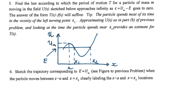 5. Find the law according to which the period of motion T for a particle of mass m moving in the field U(x) sketched below approaches infinity as є_n-E goes to zero. The answer of the form Tefe) will suffice. Tip: The particle spends most of its time in the vicinity of the lejt turning point x, Approximating U) as in part (b) of previous problem, and looking at the time the particle spends near x,provides an estimate for T(e). 6. Sketch the trajectory corresponding to EU (see Figure to previous Problem) when the particle moves between x-a and xx clearly labeling the x a and x-x, locations.