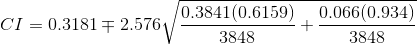 CI=0.3181\mp 2.576\sqrt{\frac{0.3841(0.6159)}{3848}+\frac{0.066(0.934)}{3848}}