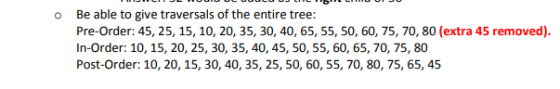 Be able to give traversals of the entire tree: Pre-Order: 45, 25, 15, 10, 20, 35, 30, 40, 65, 55, 50, 60, 75, 70, 80 (extra 4