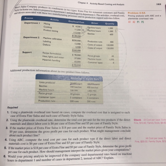 Chapter 4 Activity-Based Costing and Analysis 163 Style for home use, Salsa and drivers associ Problem 4-5A Pricing analysis