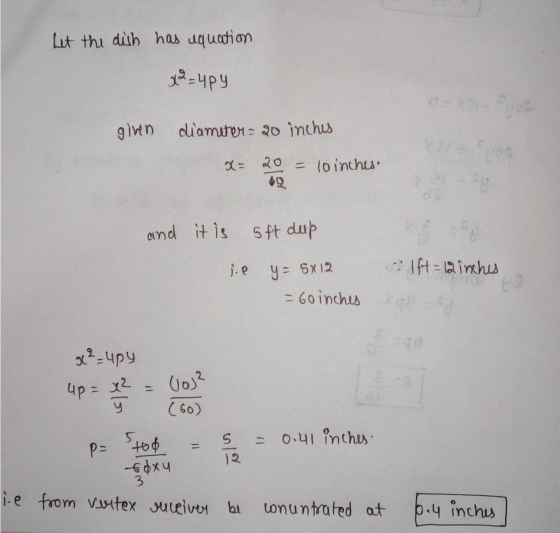 Let the dish as uquation x=404 given diameter 20 inches = 20 = 10 inches. 69 and it is sft dep elft = 12 inchis i.e y= 5x12 =