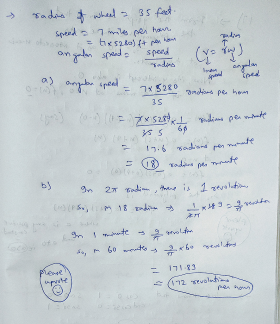 radius angular Tinean Speed sped a) Angut do angutan speed – 7x3280 radians per hour radius of wheel a 35 feet. speed a write