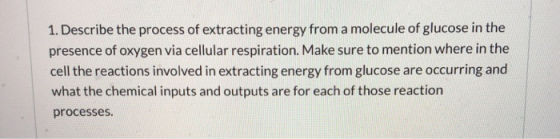 1. Describe the process of extracting energy from a molecule of glucose in the presence of oxygen via cellular respiration. M