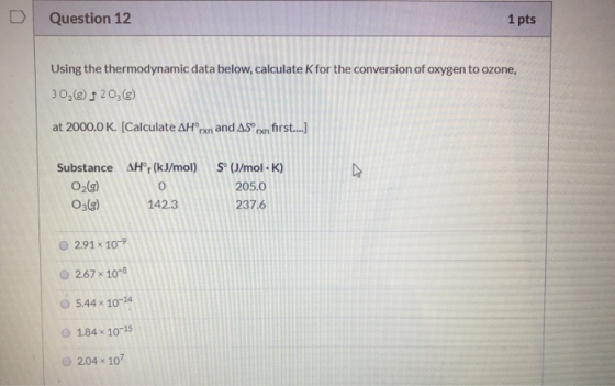 Question 12 1 pts Using the thermodynamic data below, calculate for the conversion of oxygen to ozone, 30,() 203) at 2000.0 K