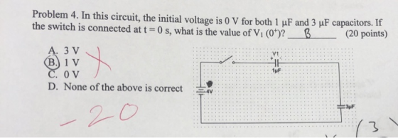 Problem 4. In this circuit, the initial voltage is 0 V for both 1 uF and 3 uF capacitors. If the switch is connected at t=0 s