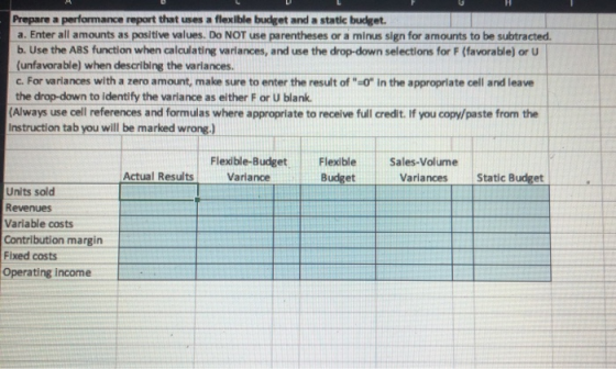 Prepare a performance report that uses a flexible budget and a static budget. a. Enter all amounts as positive values. Do NOT