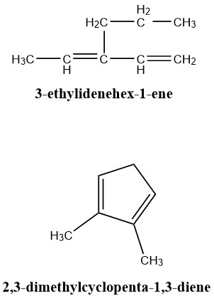 Həc—&—CH3 = — =CH2 H3C— 3-ethylidenehex-1-ene H3C CH3 2,3-dimethylcyclopenta-1,3-diene