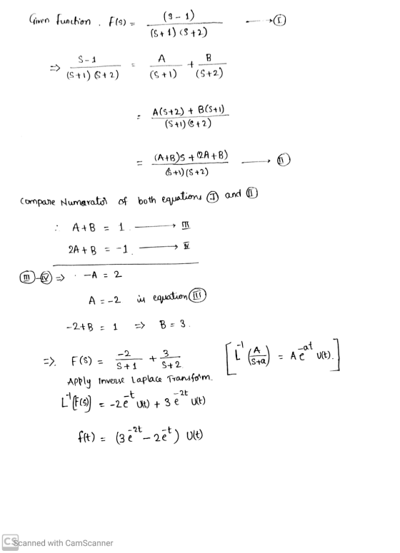 Given function , f(3) = (5+ 1) (8 +2) - S-1 (S+1) 6+2) A (5+1) B (5+2) : A(S+2) + B(5+1) (S +1) C+2) = (A+B)s +(2A+B) $+1) (S