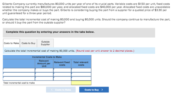 Gilberto Company currently manufactures 80,000 units per year of one of its crucial parts. Variable costs are $1.50 per unit,