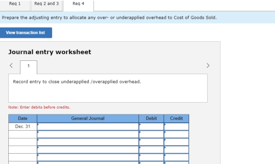 Req1 Req 2 and 3 Reg 4 Prepare the adjusting entry to allocate any over- or underapplied overhead to Cost of Goods Sold. View