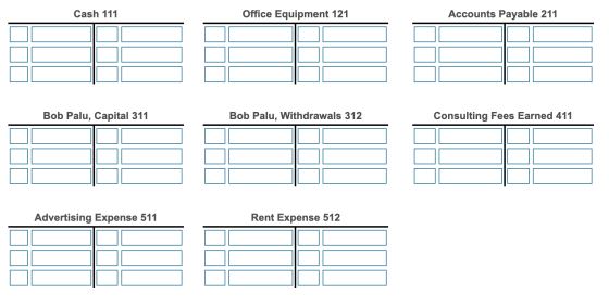 Cash 111 Office Equipment 121 Accounts Payable 211 Bob Palu, Capital 311 Bob Palu, Withdrawals 312 Consulting Fees Earned 411
